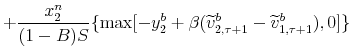 \displaystyle +\frac{x_{2}^{n}}{(1-B)S}\{\max[-y_{2}^{b}+\beta(\widetilde{v}_{2,\tau +1}^{b}-\widetilde{v}_{1,\tau+1}^{b}),0]\}