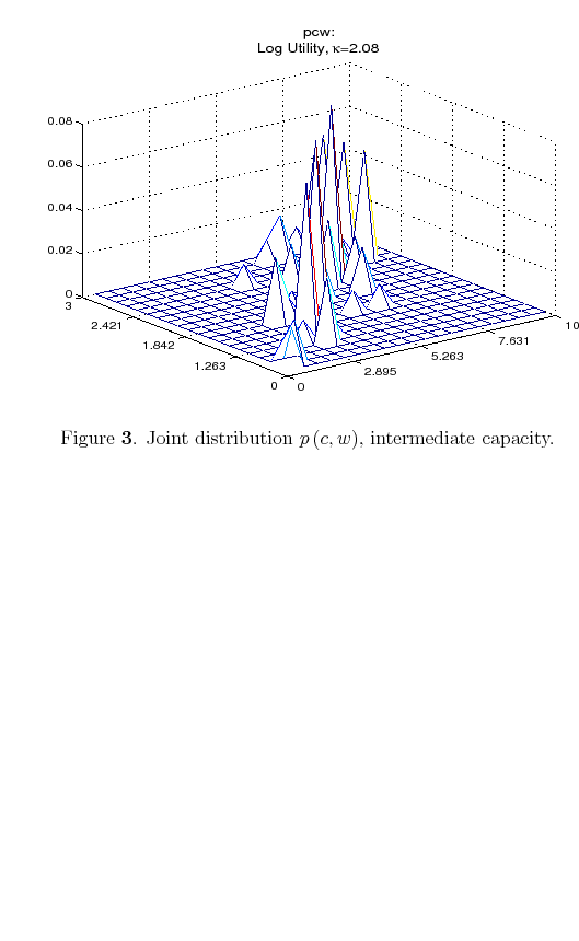 Figure 3: displays the optimal joint distribution for an intermediate case, $0<\kappa <\infty $. The first observation is that a person with finite information flow tries to make $p\left( \left. c\right\vert w\right) $ as close to $w$ as information process allows him to. The second observation is that the optimal policy function for the information-constrained consumer places low weight, even zero, on low values of consumption for high values of wealth. and high value of consumption for low values of wealth. The reason why this happens depends on the utility function. A consumer with log-utility wants to maintain a consumption profile fairly smooth throughout the lifetime, as can be seen from (\ref {full_info_optpol}). To avoid values of consumption that are either too low or too high, he needs to be well informed about such events to reduce the probability of their occurrence. The resulting optimal policy places higher probability mass on the central values of consumption and wealth.