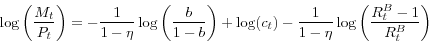\begin{displaymath} \log \left( {\frac{M_t }{P_t }} \right)=-\frac{1}{1-\eta }\log \left( {\frac{b}{1-b}} \right)+\log (c_t )-\frac{1}{1-\eta }\log \left( {\frac{R_t^B -1}{R_t^B }} \right) \end{displaymath}