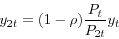 \begin{displaymath} y_{2t} =(1-\rho )\frac{P_{t}}{P_{2t}}y_{t} \end{displaymath}