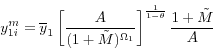 \begin{displaymath} y_{1i}^m =\overline y _1 \left[ {\frac{A}{(1+\tilde {M})^{\Omega _1 }}} \right]^{\frac{1}{1-\theta }}\frac{1+\tilde {M}}{A} \end{displaymath}