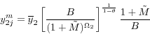 \begin{displaymath} y_{2j}^m =\overline y _2 \left[ {\frac{B}{(1+\tilde {M})^{\Omega _2 }}} \right]^{\frac{1}{1-\theta }}\frac{1+\tilde {M}}{B} \end{displaymath}
