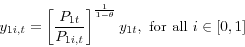 \begin{displaymath} y_{1i,t} =\left[ {\frac{P_{1t} }{P_{1i,t} }} \right]^{\frac{1}{1-\theta }}y_{1t} , \mbox{ for all } i\in [0,1] \end{displaymath}