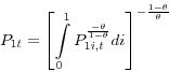 \begin{displaymath} P_{1t} =\left[ {\int\limits_0^1 {P_{1i,t}^{\frac{-\theta }{1-\theta }} di} } \right]^{-\frac{1-\theta }{\theta }} \end{displaymath}