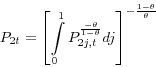 \begin{displaymath} P_{2t} =\left[ {\int\limits_0^1 {P_{2j,t}^{\frac{-\theta }{1-\theta }} dj} } \right]^{-\frac{1-\theta }{\theta }} \end{displaymath}