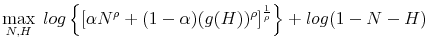 \displaystyle \max_{N, H} \; log\left\{\left[\alpha N^\rho + (1-\alpha)(g(H))^\rho\right]^{\frac{1}{\rho}}\right\} + log(1-N-H)