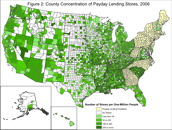 Figure 2: County Concentration of Payday Lending Stores, 2006 is a map of the 50 states with geographic distributions for number of payday lending stores per one-million people. Payday lending is prohibited in Maine, Vermont, Massachusetts, Connecticut, New York, Pennsylvania, New Jersey, Maryland, West Virginia, North Carolina, and Georgia. The other states' counties have varying distributions across the following categories: no stores, less than 50, 50 to 100, 100 to 200, and 200 or more. The highest concentrations can be found in South Carolina and the East South Central region followed by North South Central, Pacific, and Mountain regions. The lowest concentrations (for non prohibited states) can be found in the West North Central and the West South Central regions.