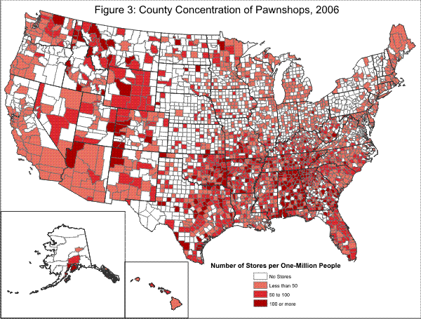 Figure 3: County Concentration of Pawnshops, 2006 is a map of the 50 states with geographic distributions for number of pawnshops per one-million people. The state's counties have varying distributions across the following categories: no stores, less than 50, 50 to 100, and 100 or more. The highest concentrations are in the West South Central, East South Central, South Atlantic, Pacific, and Mountain regions.
