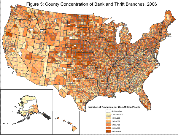 Figure 5: County Concentration of Bank and Thrift Branches, 2006 is a map of the 50 states with geographic distribution of the number of bank and thrift branches per one-million people. The state's counties have varying distributions across the following categories: no branches, less than 100, 100 to 200, 200 to 300, 300 to 400, 400 to 500, and 500 or more. The highest concentrations are in the West North Central, East North Central, Middle Atlantic, New England regions.