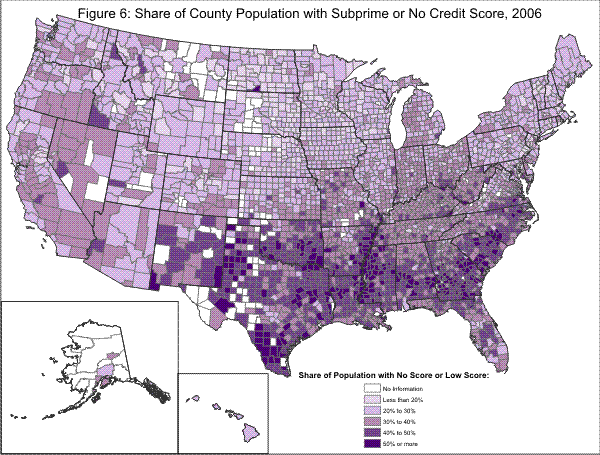 Figure 6: Share of County Population with Subprime or No Credit Score, 2006 share of each county's population with either no score or low score. The state's counties have varying distributions across the following categories: no information, less than 20%, 20% to 30%, 30% to 40%, 40% to 50%, and 50% or more. The highest concentrations are in the West South Central, East South Central, and South Atlantic regions.