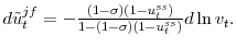  d\tilde{u}_{t}^{jf}=-\frac{(1-\sigma)\left( 1-u_{t}^{ss}\right) }{1-(1-\sigma)(1-u_{t}^{ss})}d\ln v_{t}.