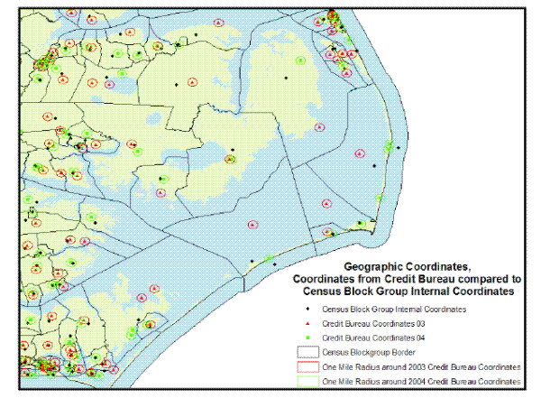 Geographic Coordinates from the Credit Bureau and Census Block Group Internal Points in the Outer Banks, North Carolina. Refer to link below for data.
