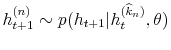 \displaystyle h_{t+1}^{(n)}\sim p(h_{t+1}\vert h_{t}^{(\widehat{k}_{n})},\theta) 