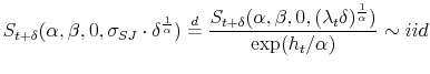 \displaystyle S_{t+\delta}(\alpha,\beta,0,\sigma_{SJ}\cdot\delta^{\frac{1}{\alpha}}% )\overset{d}{=}\frac{S_{t+\delta}(\alpha,\beta,0,(\lambda_{t}\delta)^{\frac {1}{\alpha}})}{\exp(h_{t}/\alpha)}\sim iid