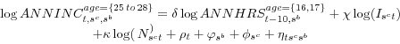 \begin{displaymath} \begin{array}{c} \mathop {\log ANNINC_{t,s^c,s^b}^{age=\{25\,to\,28\}} }\limits =\delta \log ANNHRS_{t-10,s^b}^{age=\{16,17\}} +\chi \log (I_{s^ct}) \ +\kappa \log (\,N_{s^ct}^ )+\rho _t +\varphi _{s^b} +\phi _{s^c} +\eta _{ts^cs^b} \end{array}\end{displaymath}