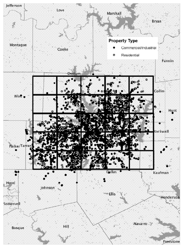 Figure 3: Locational Grid for Dallas.  The figure shows a scatterplot of all the transactions in the dataset for Dallas.  Each residential transaction is represented by a hollow circle and each commercial/industrial transaction by a solid circle.  A rectangular grid consisting of 25 blocks (five rows and five columns) is also shown.  Almost all of the circles are contained within the grid.
