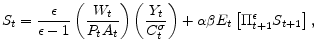 \displaystyle S_{t}=\frac{\epsilon }{\epsilon -1}\left( \frac{W_{t}}{P_{t}A_{t}}\right) \left( \frac{Y_{t}}{C_{t}^{\sigma }}\right) +\alpha \beta E_{t}\left[ \Pi _{t+1}^{\epsilon }S_{t+1}\right] ,