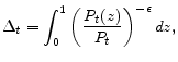 \displaystyle \Delta _{t}=\int_{0}^{1}\left( \frac{P_{t}(z)}{P_{t}}\right) ^{-\epsilon }dz,