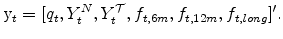 \displaystyle {\rm y}_t=[q_t, Y^N_{t}, Y^{\cal T}_{t}, f_{t,6m}, f_{t,12m}, f_{t,long}]'.