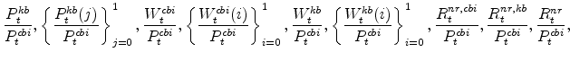 \displaystyle \frac{P^{kb}_{t}}{P^{cbi}_{t}},\left\{\frac{P^{kb}_{t}(j)}{% P^{cbi}_{t}}\right\}_{j=0}^{1} , \frac{W^{cbi}_{t}}{P^{cbi}_{t}},\left\{% \frac{W^{cbi}_{t}(i)}{P^{cbi}_{t}}\right\}_{i=0}^{1} , \frac{W^{kb}_{t}}{% P^{cbi}_{t}},\left\{\frac{W^{kb}_{t}(i)}{P^{cbi}_{t}}\right\}_{i=0}^{1} , \frac{R^{nr,cbi}_{t}}{P^{cbi}_{t}},\frac{R^{nr,kb}_{t}}{P^{cbi}_{t}}, \frac{% R^{nr}_{t}}{P^{cbi}_{t}},