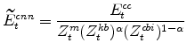 \displaystyle \widetilde{E}^{cnn}_{t}=\frac{E^{cc}_{t}}{Z^{m}_{t}(Z^{kb}_{t})^{% \alpha}(Z^{cbi}_{t})^{1-\alpha}}