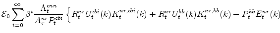\displaystyle \mathcal{E}_{0}\sum_{t=0}^{\infty} \beta^{t} \frac{% \Lambda^{cnn}_{t}}{A^{nr}_{\tau}P^{cbi}_{t}} \left \{R_{t}^{nr}U^{cbi}_{t}(k)K^{nr,cbi}_{t}(k) + R_{t}^{nr}U^{kb}_{t}(k)K^{nr,kb}_{t}(k) - P^{kb}_{t}E^{nr}_{t}(k) \right.