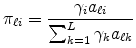 \displaystyle \pi_{\ell i}=\frac{\gamma_{i}a_{\ell i}}{\sum_{k=1}^{L}\gamma_{k}a_{\ell k} }