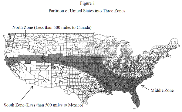 Figure 1: Partition of United States into Three Zones. Figure 1 presents a map of the continental United States with the boundary lines for each county.  The map is portioned into three zones.  The "north zone" consists of those counties that are less than 500 miles from Canada.  The "south zone" consists of those counties that are less than 500 miles from Mexico.  The "middle zone" consists of counties 500 or more miles from Canada and Mexico.  The middle zone forms a band that runs across the middle of the country and then turns in a southeasterly direction toward the central park of the country.