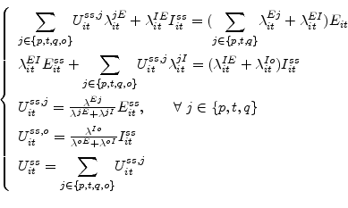\begin{displaymath} \left\{ \begin{array}[c]{l}% {\displaystyle\sum\limits_{j\in... ...um\limits_{j\in\{p,t,q,o\}}} U_{it}^{ss,j}% \end{array}\right. \end{displaymath}