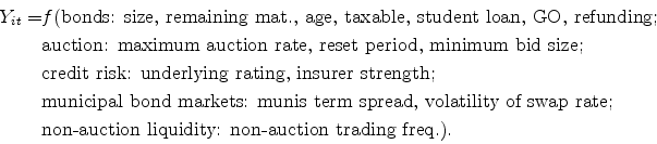 \begin{displaymath}\begin{split}{Y}_{it} = & f(\text{bonds: size, remaining mat., age, taxable, student loan, GO, refunding}; \\ & \text{auction: maximum auction rate, reset period, minimum bid size}; \\ & \text{credit risk: underlying rating, insurer strength}; \\ & \text{municipal bond markets: munis term spread, volatility of swap rate}; \\ & \text{non-auction liquidity: non-auction trading freq.}). \end{split}\end{displaymath}