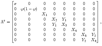 \displaystyle \Lambda^{s}= \begin{bmatrix} \sigma & 0 & 0 & 0 & 0 & 0 & 0 & 0\ 0 & \varphi(1-\varphi) & 0 & 0 & 0 & 0 & 0 & 0\ 0 & 0 & X_{1} & 0 & 0 & 0 & 0 & 0\ 0 & 0 & 0 & X_{2} & Y_{1} & 0 & 0 & 0\ 0 & 0 & 0 & Y_{1} & X_{3} & 0 & 0 & 0\ 0 & 0 & 0 & 0 & 0 & X_{4} & 0 & 0\ 0 & 0 & 0 & 0 & 0 & 0 & X_{5} & Y_{2}\ 0 & 0 & 0 & 0 & 0 & 0 & Y_{2} & X_{6} \end{bmatrix}, 