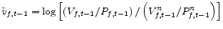 \tilde{v}_{f,t-1}=\log\left[ \left( V_{f,t-1}/P_{f,t-1}\right) /\left( V_{f,t-1}^{n}/P_{f,t-1}^{n}\right) \right] 