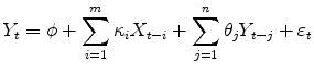 \displaystyle Y_{t}=\phi +\sum_{i=1}^{m}\kappa _{i}X_{t-i}+\sum_{j=1}^{n}\theta _{j}Y_{t-j}+\varepsilon _{t}