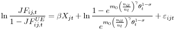 \displaystyle \ln \frac{JF_{ij,t}}{1-JF_{ij,t}^{UE}}=\beta X_{jt}+\ln \frac{ 1-e^{m_{0}\left( \frac{u_{it}}{u_{t}}\right) ^{\gamma }\theta _{t}^{1-\sigma }}}{e^{m_{0}\left( \frac{u_{it}}{u_{t}}\right) ^{\gamma }\theta _{t}^{1-\sigma }}}+\varepsilon _{ijt}