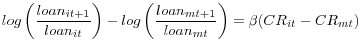 \displaystyle log\left(\frac{{loan}_{it+1}}{{loan}_{it}}\right)-log\left(\frac{{loan}_{mt+1}}{{loan}_{mt}}\right)=\beta({CR}_{it}-{CR}_{mt})