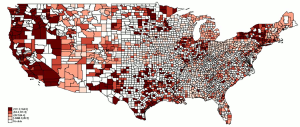 Figure 4. Investment Capital Losses, By County. Figure 4 depicts the change in investment capital between 2007 Q1 and 2010 Q4, aggregated up to the county level. That is, for each of the 1,396 counties with active credit unions, Figure 4 first computes the total level of investment capital summed across all credit unions headquartered in the county, both in 2007 Q1 and again in 2010 Q4. Figure 4 then shows the percent difference in these two levels--this period encapsulates the CCU ABS related losses. The west coast had the largest change in investment capital.  The west had the second largest change in investment capital.  