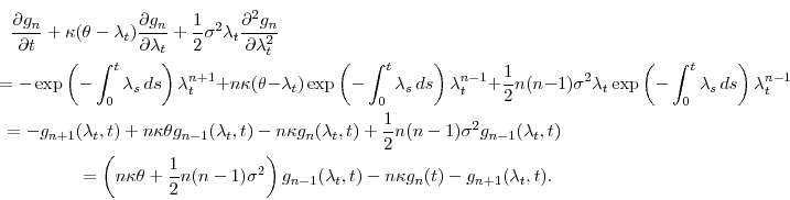 \begin{multline*} \frac{\partial g_n}{\partial t} + \ensuremath{\kappa}(\theta-... ...n \ensuremath{\kappa}g_n(t) - g_{n+1}(\ensuremath{\lambda}_t,t). \end{multline*}