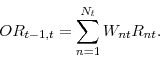 \begin{displaymath} OR_{t-1,t}=\sum_{n=1}^{N_{t}}W_{nt}R_{nt}. \end{displaymath}