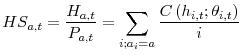\displaystyle HS_{a,t} = \frac{H_{a,t}}{P_{a,t}} = \sum_{i;a_i=a} \frac{C\left(h_{i,t};\theta_{i,t}\right)}{i} 
