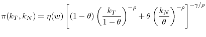 \displaystyle \pi (k_{T},k_{N})=\eta (w)\left[ (1-\theta )\left( \frac{k_{T}}{1-\theta }% \right) ^{-\rho }+\theta \left( \frac{k_{N}}{\theta }\right) ^{-\rho }\right] ^{-\gamma /\rho }