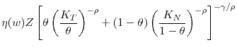 \displaystyle \eta (w)Z\left[ \theta \left( \frac{K_{T}% }{\theta }\right) ^{-\rho }+(1-\theta )\left( \frac{K_{N}}{1-\theta }\right) ^{-\rho }\right] ^{-\gamma /\rho }