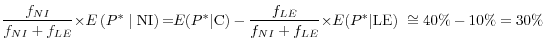 \displaystyle \frac{f_{NI}}{f_{NI}+f_{LE}}{\rm\times }E\left(P^*\mathrel{\left\vert\vphantom{P^* {\rm NI}}\right.\kern-\nulldelimiterspace}{\rm NI}\right){\rm =}{E(P^*{\rm \vert C)} -\frac{f_{LE}}{f_{NI}+f_{LE}}{\rm\times }E(P^*{\rm \vert LE)}\ }\cong {\rm 40\%-10\%=30\%}
