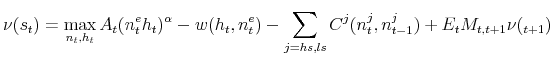 \displaystyle \nu(s_{t}) = \max_{n_{t},h_{t}} A_t ( n^e_{t} h_{t})^\alpha - w(h_{t}, n^e_{t}) - \sum_{j=hs,ls} C^j(n^j_{t},n^j_{t-1}) + E_{t}{M_{t,t+1} \nu(\bs_{t+1})}