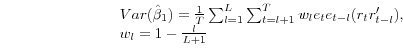 \begin{displaymath}\begin{array}{l} {Var(\hat{\beta }_{1} )=\frac{1}{T} \sum _{l=1}^{L}\sum _{t=l+1}^{T}w_{l} e_{t} e_{t-l} (r_{t} r'_{t-l} ), } \\ {w_{l} =1-\frac{l}{L+1} } \end{array}\end{displaymath}