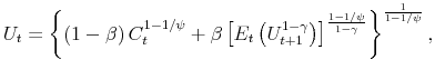 \displaystyle U_{t}=\left \{ \left( 1-\beta \right) C_{t}^{1-1/\psi }+\beta \left[ E_{t}\left( U_{t+1}^{1-\gamma }\right) \right] ^{\frac{1-1/\psi }{1-\gamma }% }\right \} ^{\frac{1}{1-1/\psi }},