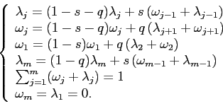 \begin{displaymath} \left\{ \begin{array}[c]{l} \lambda_{j}=(1-s-q)\lambda_{j}+s... ...\lambda_{j})=1\ \omega_{m}=\lambda_{1}=0. \end{array}\right. \end{displaymath}