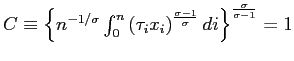 $ C\equiv\left\{ n^{-1/\sigma}\int_{0}^{n}\left( \tau_{i} x_{i}\right) ^{\frac{\sigma-1}{\sigma}}di\right\} ^{\frac{\sigma}{\sigma-1} }=1$