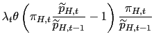 $\displaystyle \lambda_{t}\theta\left( \pi_{H,t}\frac{\widetilde{p}_{H,t}}{\widetilde {p}_{H,t-1}}-1\right) \frac{\pi_{H,t}}{\widetilde{p}_{H,t-1}}$