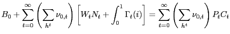 $\displaystyle B_{0}+\sum_{t=0}^{\infty}\left( \sum_{h^{t}}\nu_{0,t}\right) \lef... ...t}(i)\right] =\sum_{t=0}^{\infty}\left( \sum_{h^{t}}\nu_{0,t}\right) P_{t}C_{t}$