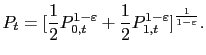 $\displaystyle P_{t}=[\frac{1}{2}P_{0,t}^{1-\varepsilon}+\frac{1}{2}P_{1,t}^{1-\varepsilon }]^{\frac{1}{1-\varepsilon}}.$